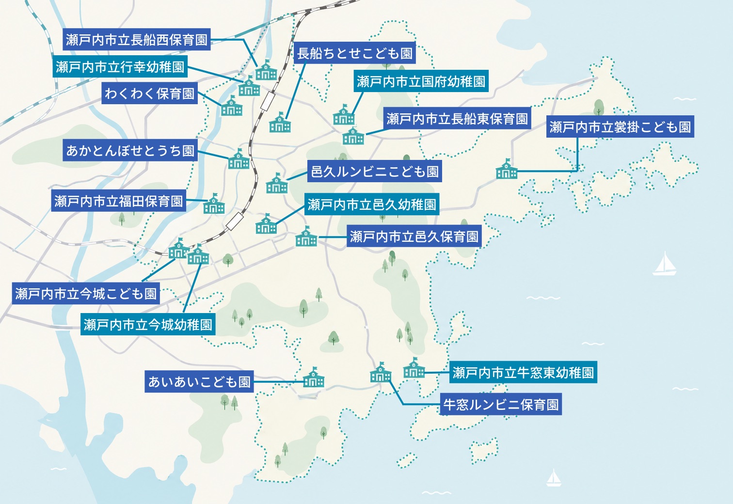 瀬戸内市の保育園・こども園の場所を示した地図