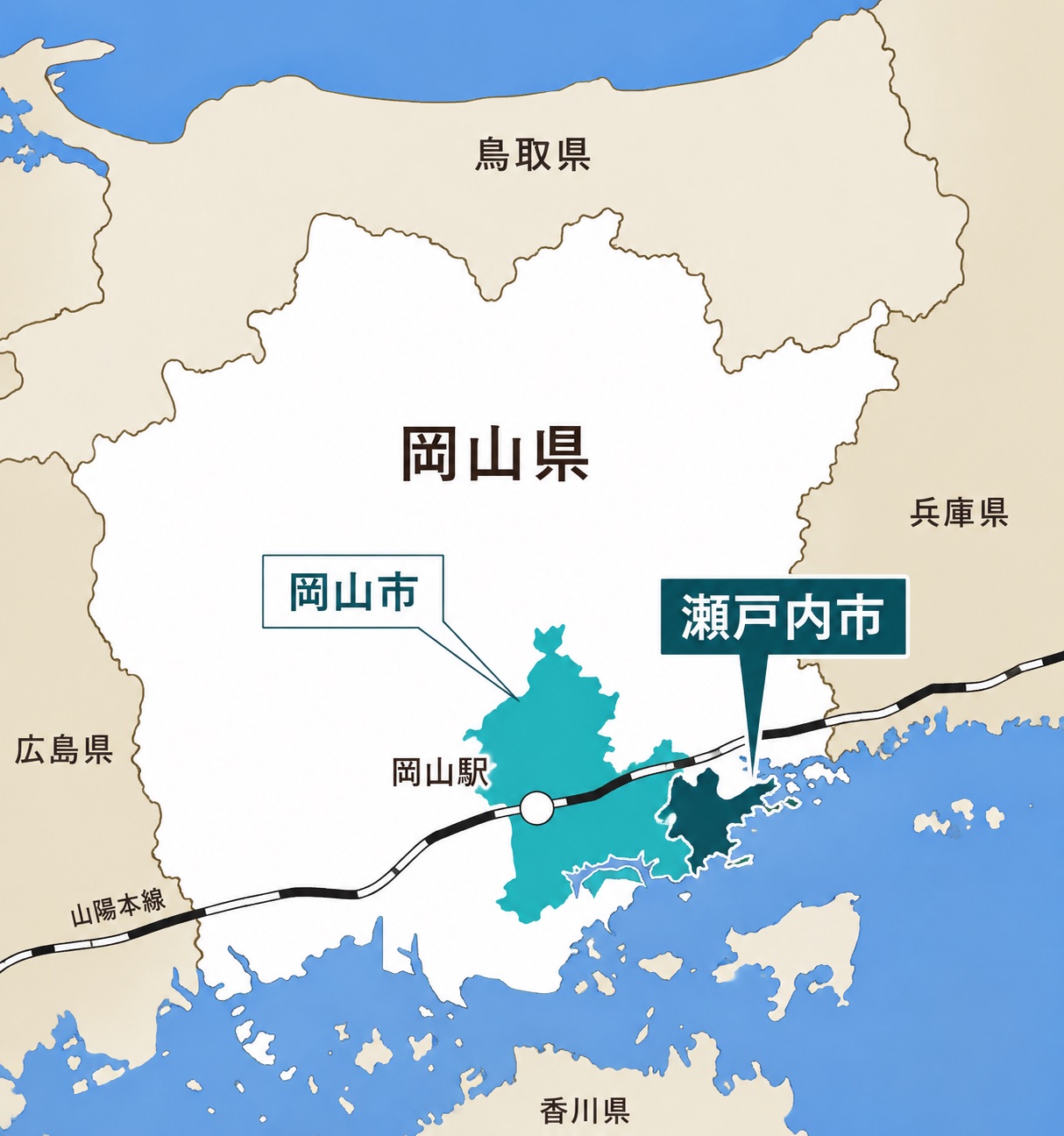 瀬戸内市は岡山市に隣接する（位置図）
